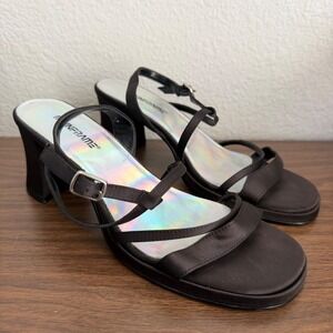 Black Satin Holographic Strappy Block Heel Sandals Women's 8.5M Y2K Mainframe